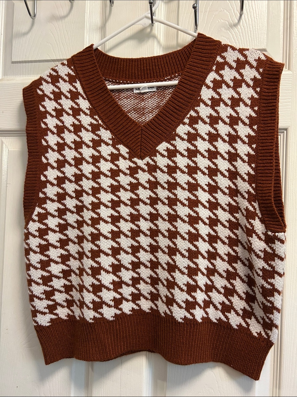 Lily Star Rust and White Houndstooth V-Neck Sweater Vest